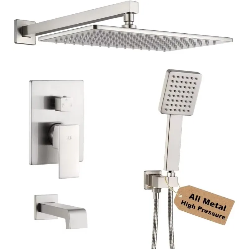 

Shower Tub Faucet Set Brushed Nickel Dual Handle Square Shower Head Modern Wall-Mounted Rainfall 12-Inch Thickened Handle Shower