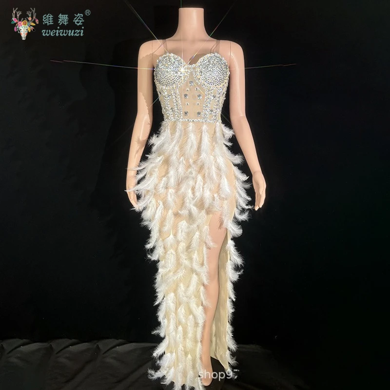 

New Luxurious High Quality Rhinestone Sexy Feather Floor-Length Evening Party Dress Award Ceremony High Slit Hem Evening Gown