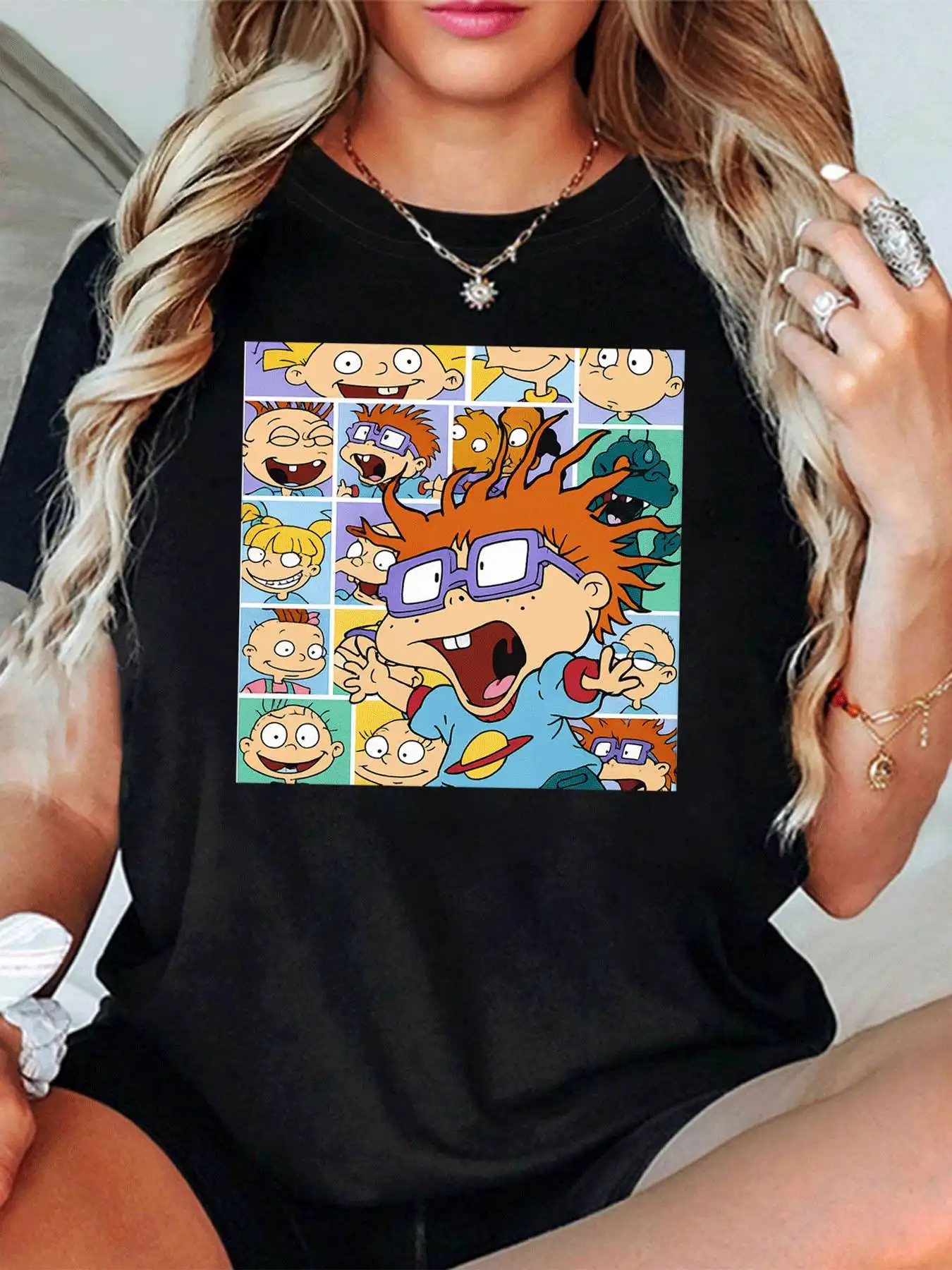 

【1144421】Plus size women's round neck short sleeve T-shirt with elastic half sleeves and trendy prints