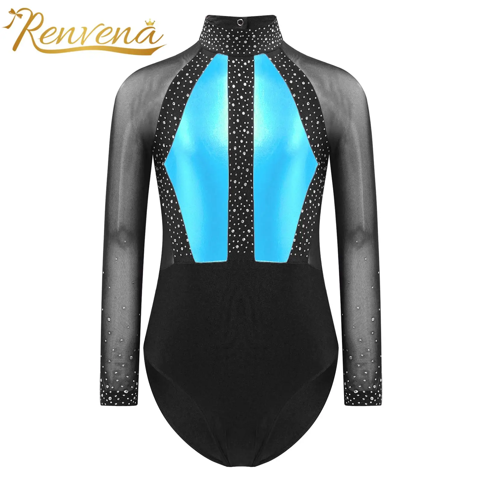 

Kids Childs Dance Bodysuits for Girls Shiny Rhinestones Gymnastics Leotard Teens Color Block Long Sleeve Figure Skating Jumpsuit