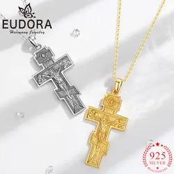 Eudora 925 Sterling Silver Crucifix Cross Necklace 18K Gold Jesus Pendant Amulet Christian Jewelry Exquisite Gifts for Men Women