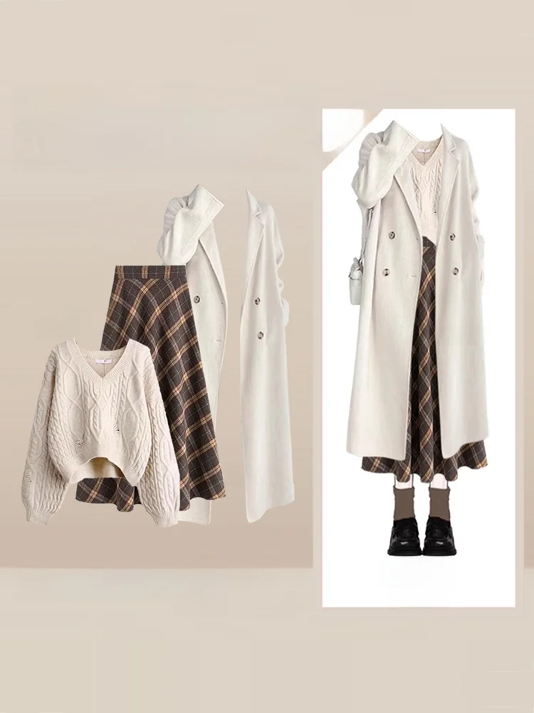 

Комплект из вязаного свитера и юбки с высокой талией для женщин, корейский стиль, осенне-зимний модный ансамбль, свободный крой, длинный рукав