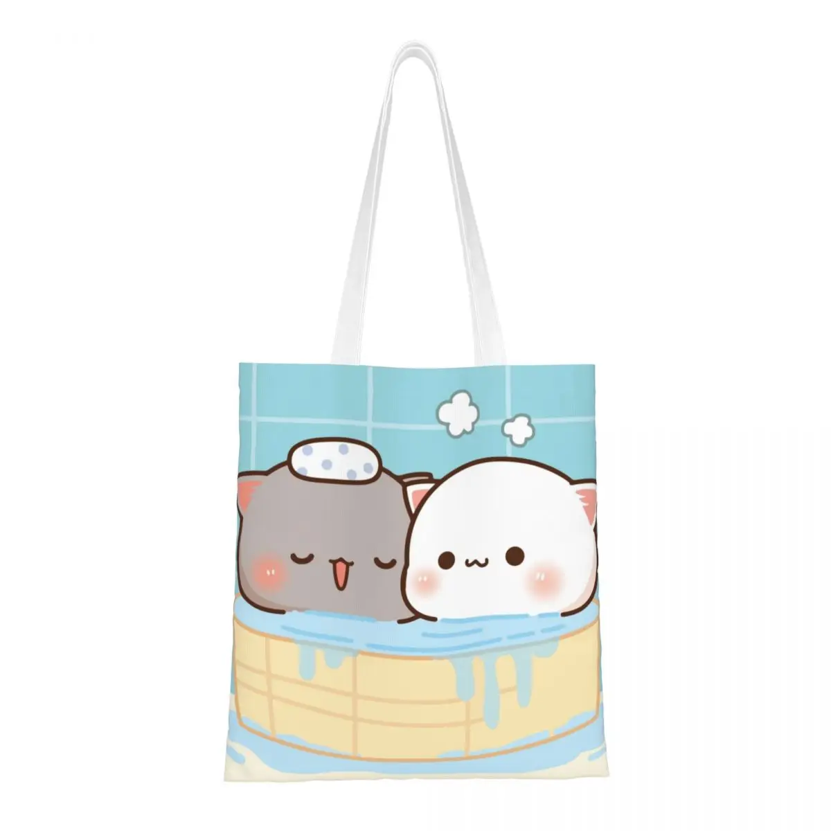 Unisex Peach And Goma Mochi Bathing Tote Bags Canvas Cat Shopping Bag for Child Handbags