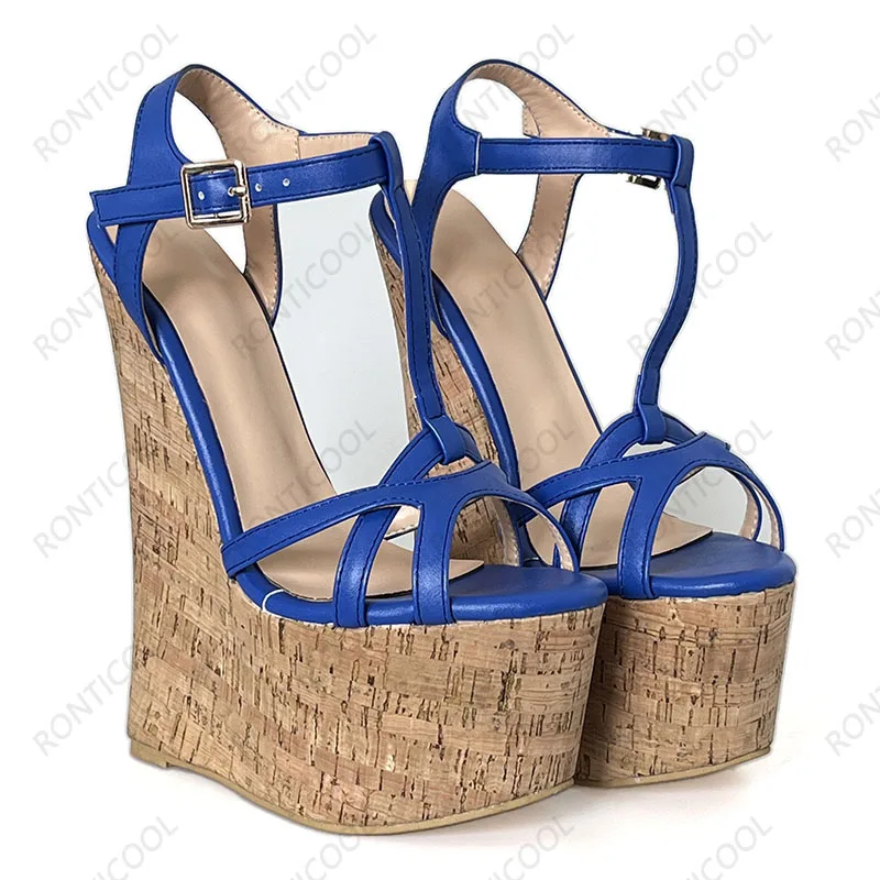 Ronticool Handmade Women T-strap Sandals Ultra High Wedges Heels Round Toe Classics Black Dress Shoes Ladies US Plus Size 5-15