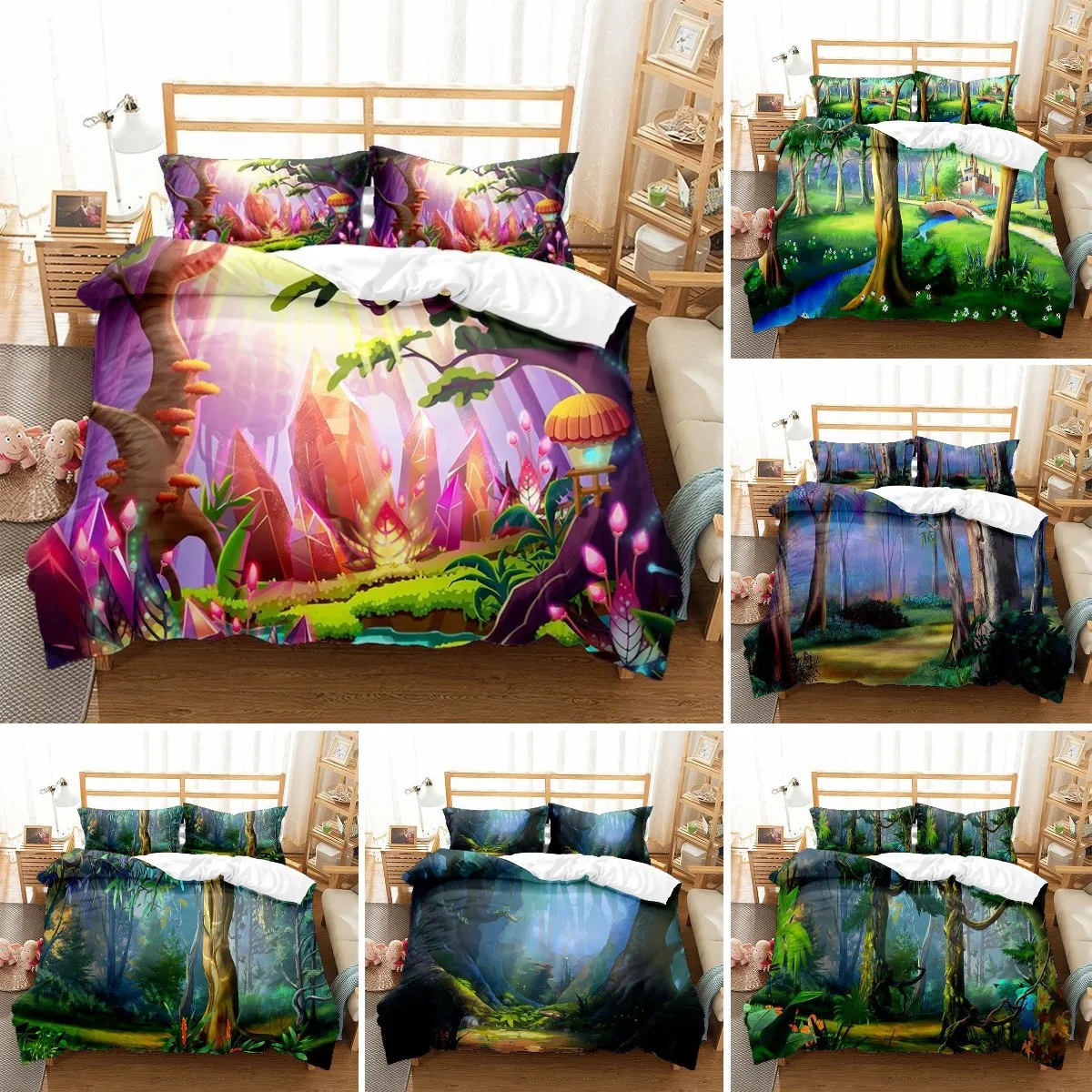 

Pink Fantasy Magic Theme Forest Kids Duvet Cover - Colorful Elves and Enchanted Tree Bedding. Available in King/Queen Sizes