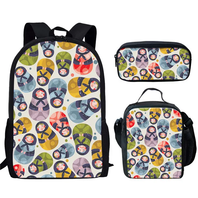 Cartoon Youthful Funny Russian dolls 3D Print 3pcs/Set Student Travel bags Laptop Daypack Backpack Lunch Bag Pencil Case