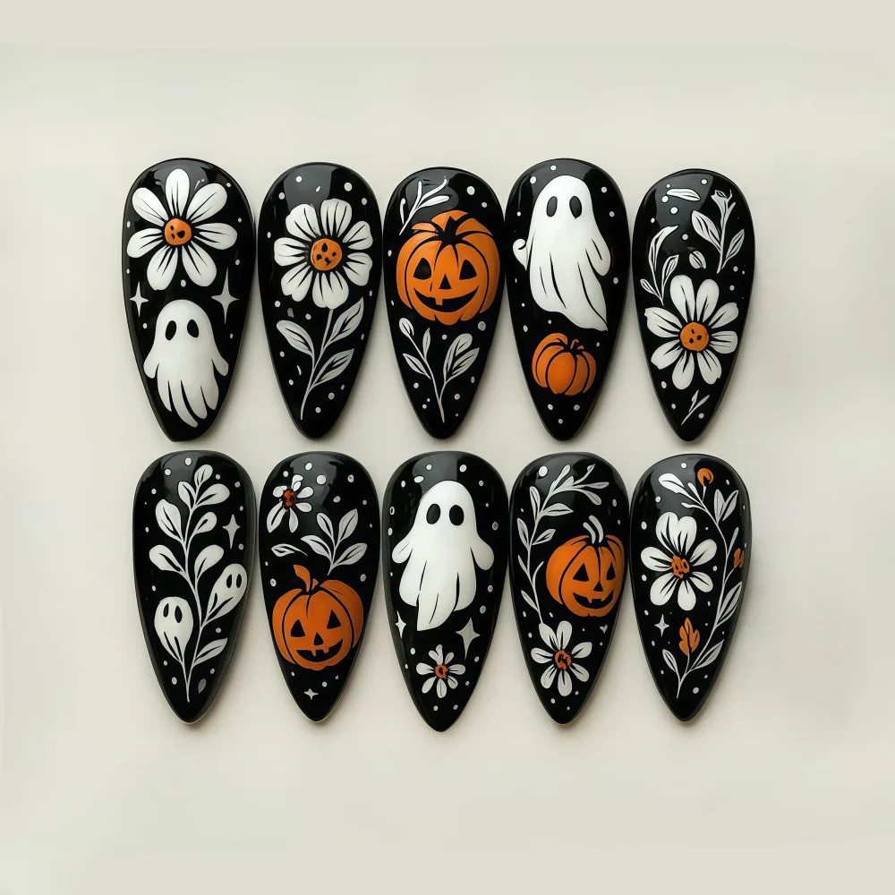 

24pcs Halloween Press on Nails Sweet & Cool Jack-o'-Lantern Fake Nail Short Almond Cute & Cuddly Ghost False Nail for Women&Girl