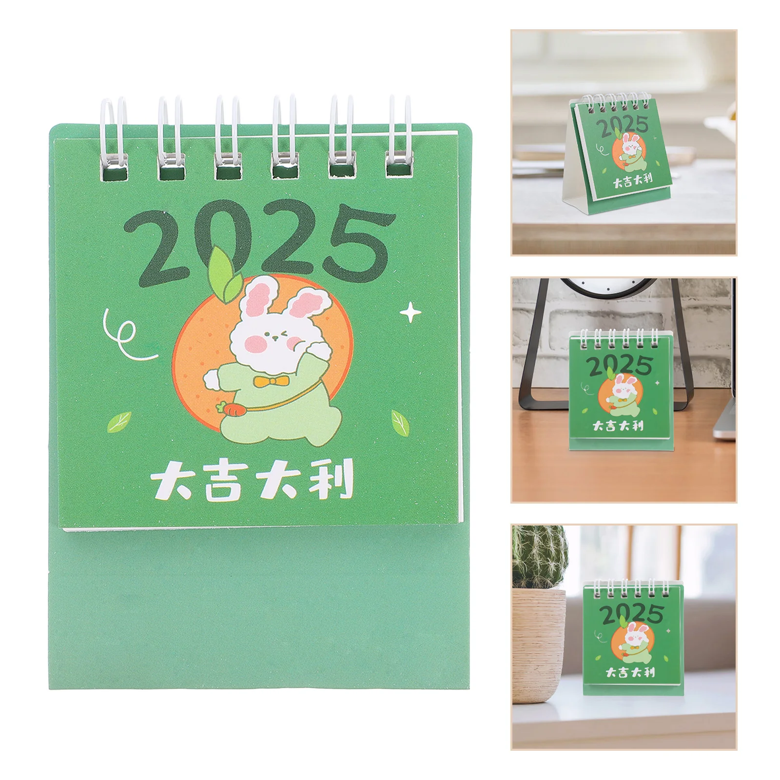 

Mini Desk Calendar Cute Green Bunny Twin Wire Binding Standing Flip Calendar July 2024 to Dec 2025 Desktop Planner for Home