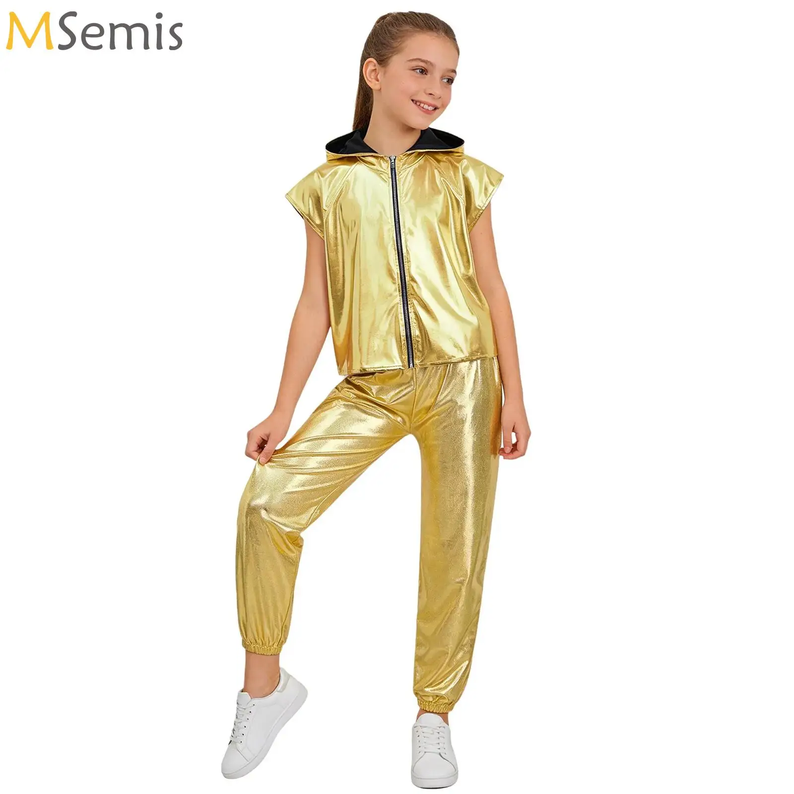

Kids Girls Hip-Hop Jazz Dance Outfit Performance Costume Cheer Modern Dance Sparkly Sequins Hooded Crop Top with Metallic Pants
