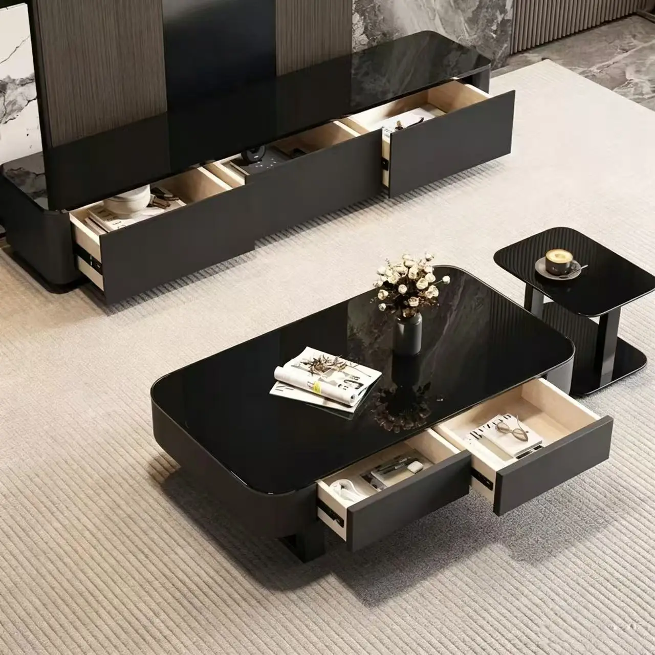 #Modern Nesting Coffee Table Set Glossy Microcrystalline Stone Top Storage Drawers Portable Combination Design for Living Room