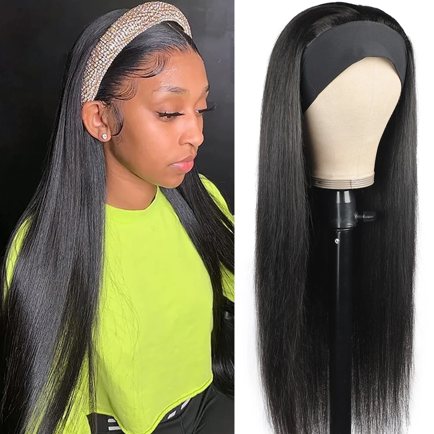 

Прямой парик-повязка на голову из натуральных человеческих волос для женщин, машинного производства, 180% плотность, из бразильских натуральных волос, натуральный цвет