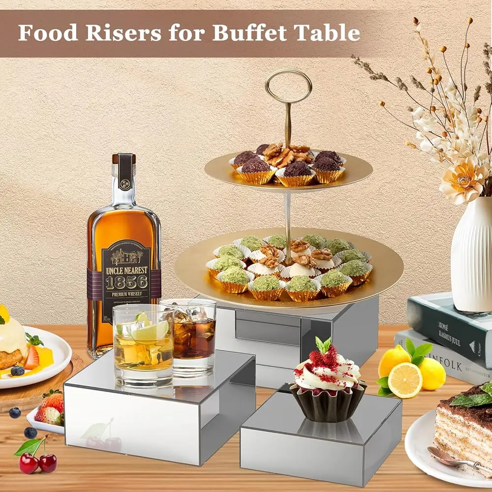 Buffet-Riser, Spiegel-Acryl-Lebensmittel-Riser für Buffet-Tisch, 3 Stück, silberne Lebensmittel-Display-Riser für Party-Buffet-Riser und Ständer