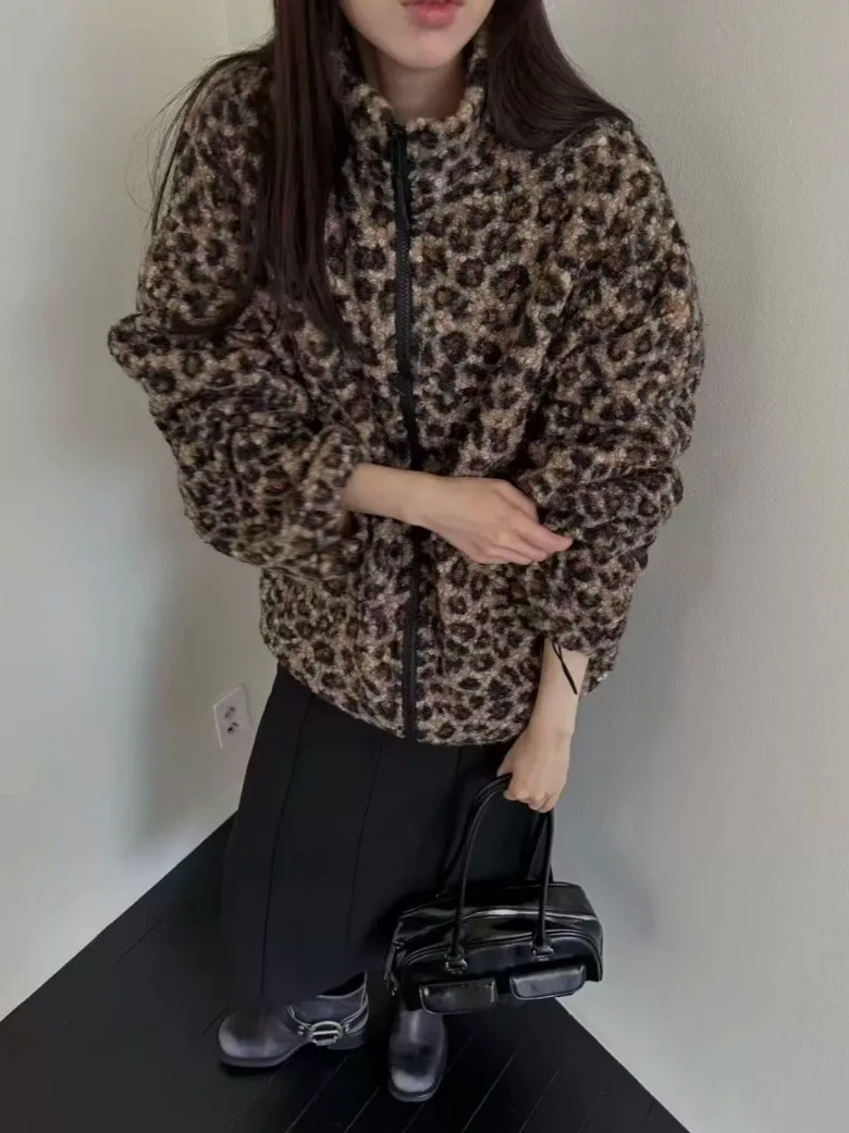 

Утепленное пальто на молнии с леопардовым принтом для женщин, свободного кроя, с воротником-стойкой, винтажное, теплая верхняя одежда
