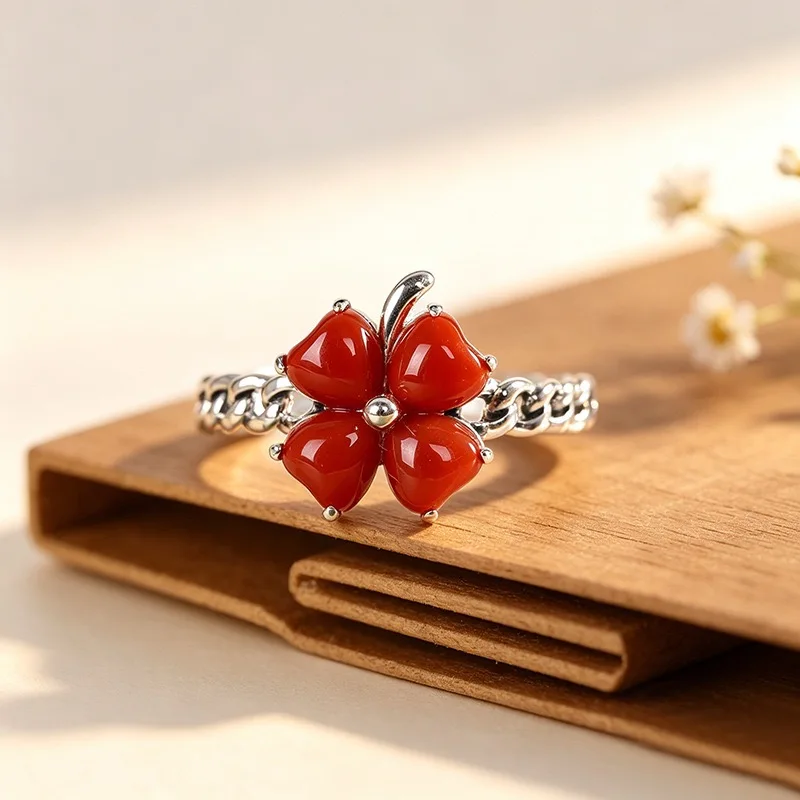 

925 Sterling Silver Rings For Women Simple Minimalist Red Stone Open Finger Ring Fashion Band Female Bijoux Birthday Gift
