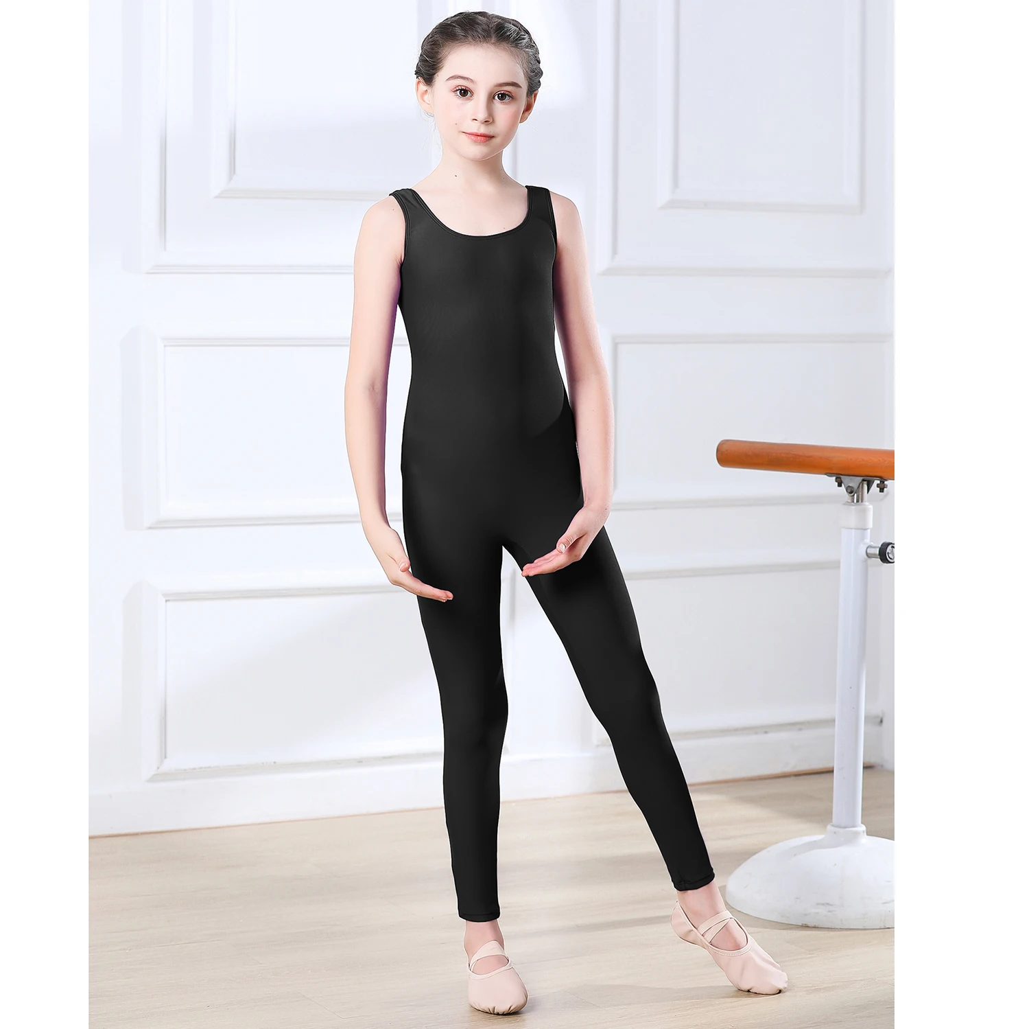 AOYLISEY Mädchen Schwarz Behälter-sleeveless Unitard Gymnastik Body Jungen Spandex Full Body Kinder Overall Scoop Hals Dance Kostüme