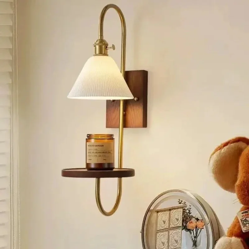Retro Wall Lamp With Wooden Storage Shelf Brass U Shape Arm Pleated Lampshade Farmhouse Bedroom Bedside Reading Wall Sconce
