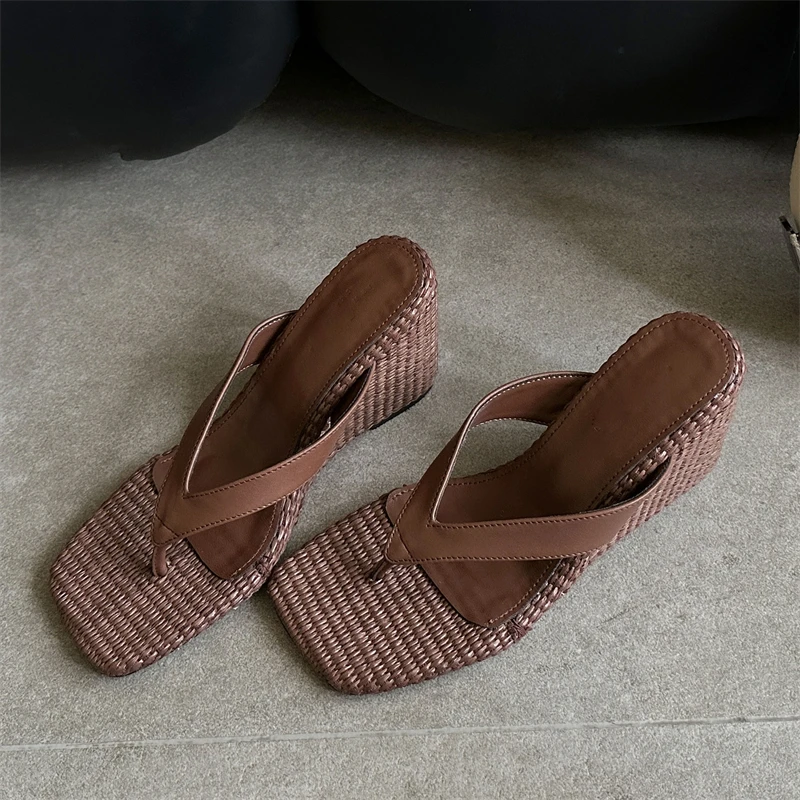 

Eilyken Summer Design Wedges High Heels Women Slippers Fashion Shallow Square Clip Toe Flip Flops Shoes Sandals