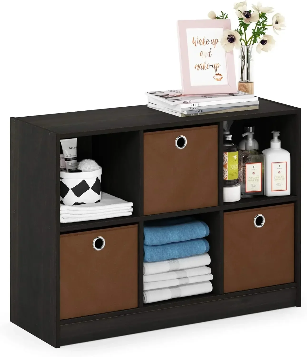Furinno Basic 3x2 Cube Storage Bookcase Organizer with Bins, Espresso/Brown