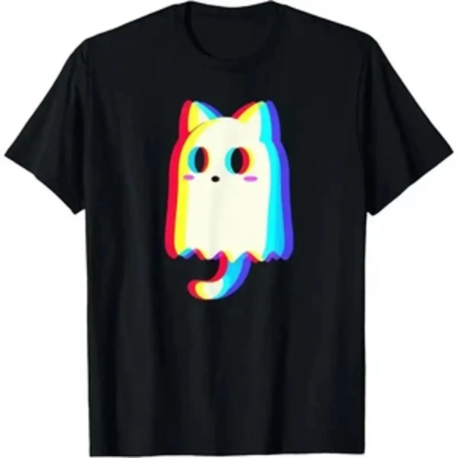 Trippy Vaporwave Ghost Cat Halloween Techno Rave EDM T Shirt  vintage Washed designer clothes Versatile homme Breathable Casual