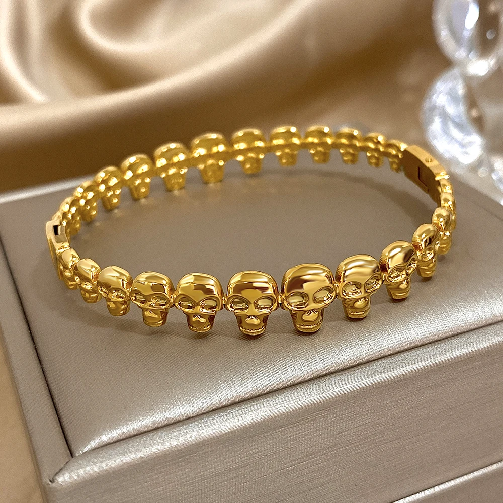 Gold Plated Skulls Bangle Stainless Steel Bracelets for Women Men Vintage Punk Waterproof Bracelet Personality Festival Jewelry