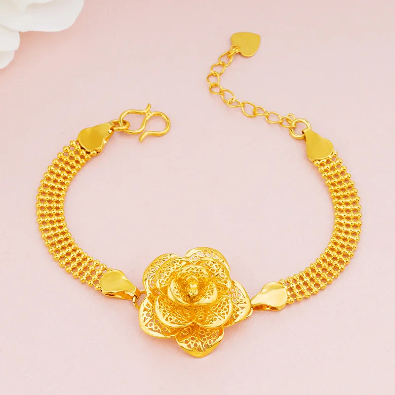 

24K Gold AU999 Hollow Rose Flower Bracelet Women - Premium pure gold, fine rose craft, wrist-fitting chain,dates & commute