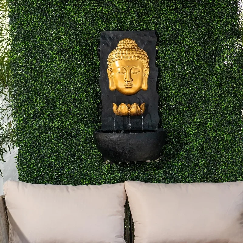 Fuente de agua de jardín al aire libre Zen de Buda de pared de resina de fibra de 30 pulgadas H con luz LED cálida, dorada