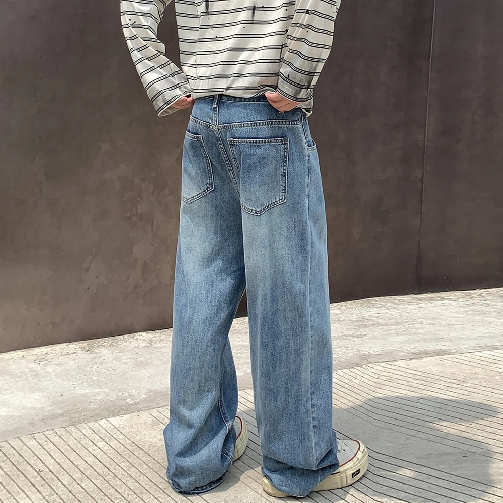 Vaqueros americanos retro azules para hombre, pierna recta, corte holgado, pierna ancha, versátiles, informales y de moda, con una sensación colgante y relajada