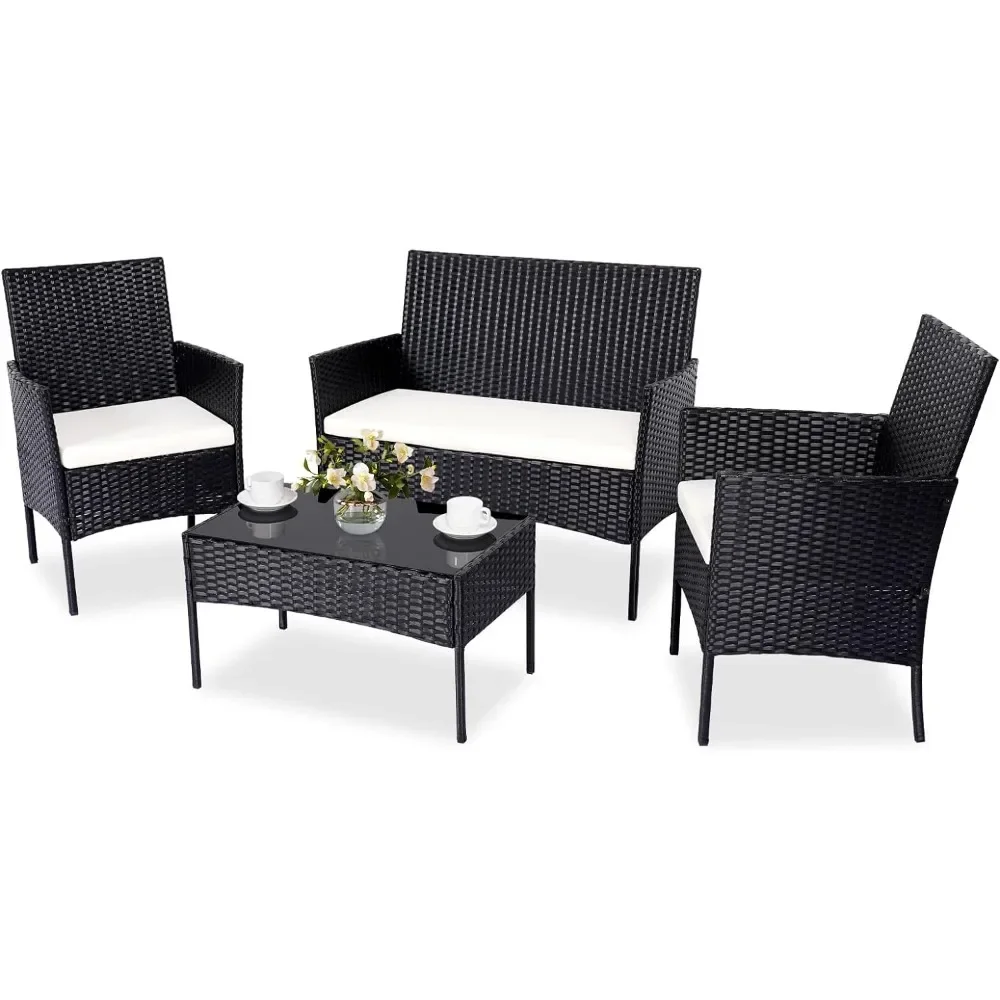 Set di mobili da giardino, set da conversazione da giardino da 4 pezzi, tavolo e sedie da esterno in rattan di vimini, set da patio nero, divano