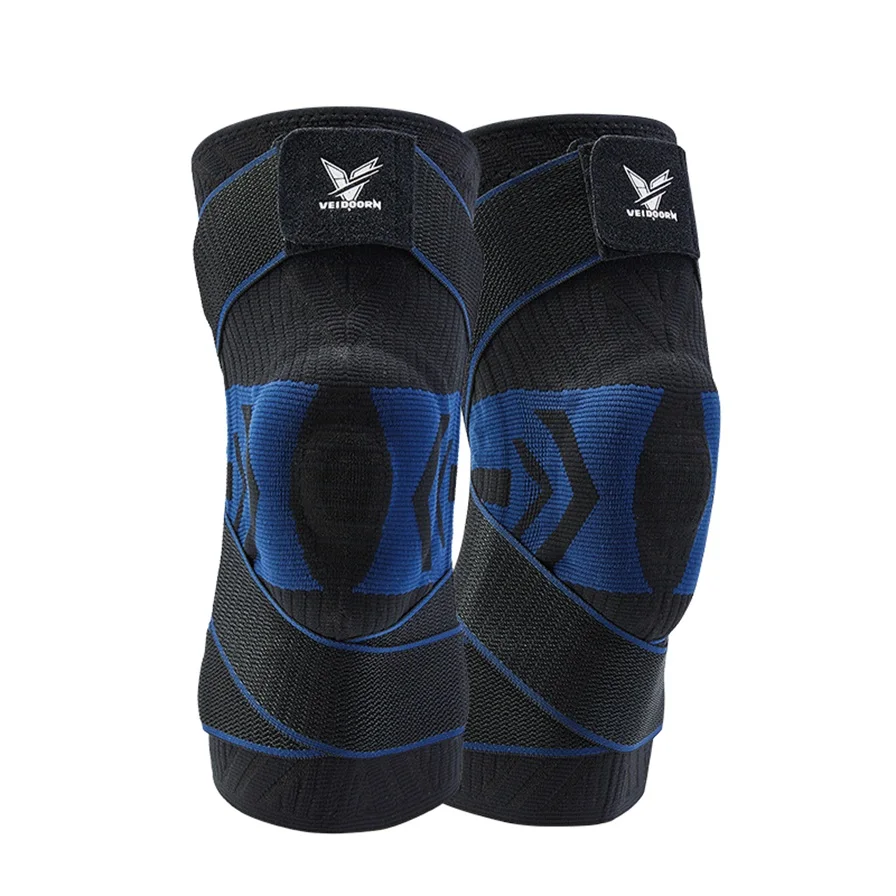 1PC Men Compression Crossfit Rodilleras Elastic Sport Knee Brace with Long Straps Black Blue Kneepad with Silicone Gel