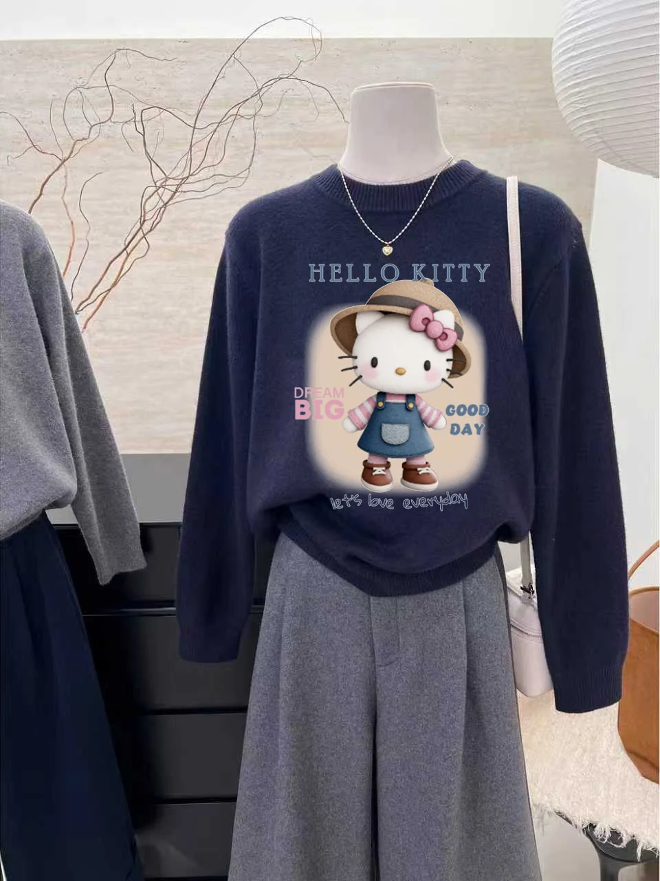 따뜻한 루즈핏 롱 니트 스웨터 KT 인형 프린트 만화 스타일 여성용 가을 겨울 신상 패션 탑