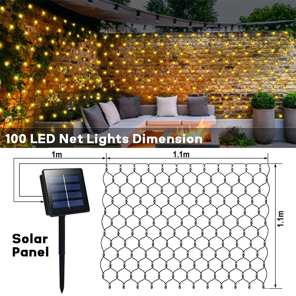 Outdoor Solar Mesh Net Fairy String Light, Guirlanda de Cortina, Natal, Jardim, Pátio, Varanda, Janela, Natal, 1.1x1.1m, 2x3m, 8 Modos