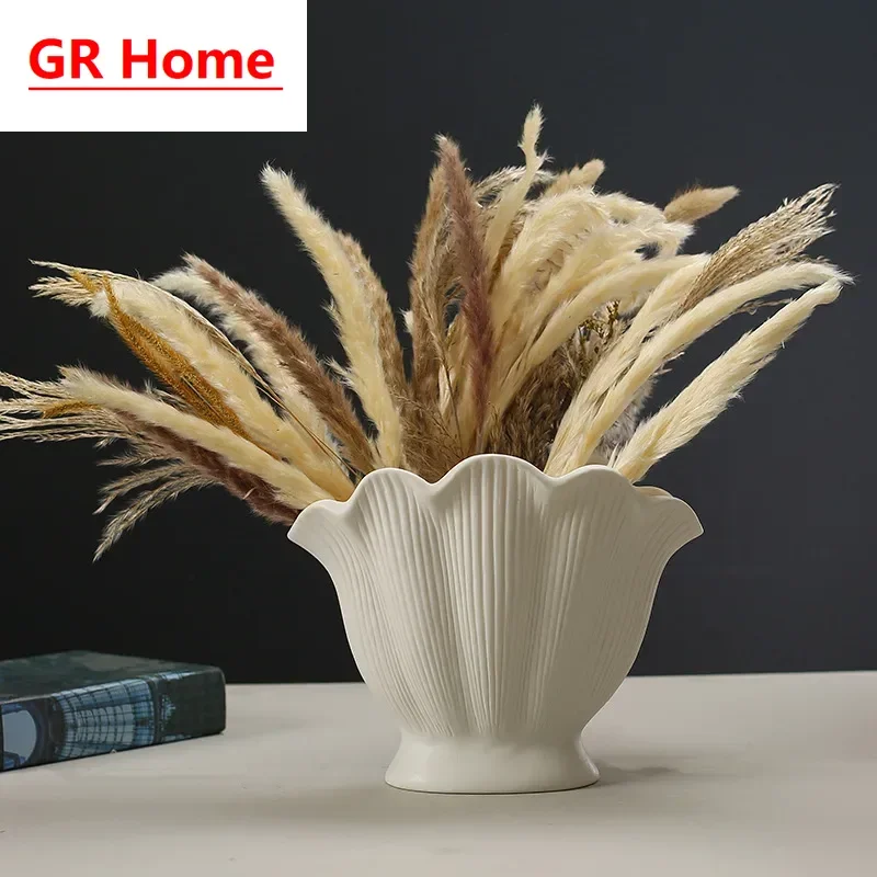 High-End Unglazed Shell Ceramic Vase, Decor Ornament for TV Cabinets, Entrances, Dining and Tea Tables, Stylish Photography Prop