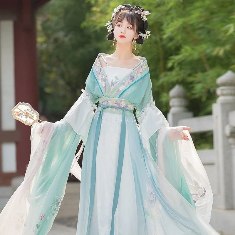 

Retro Chinese Style Hanfu Dress Cosplay Women Traditional Floral Embroidery Long Skirt Set Elegant Female Ancient Dance Costume