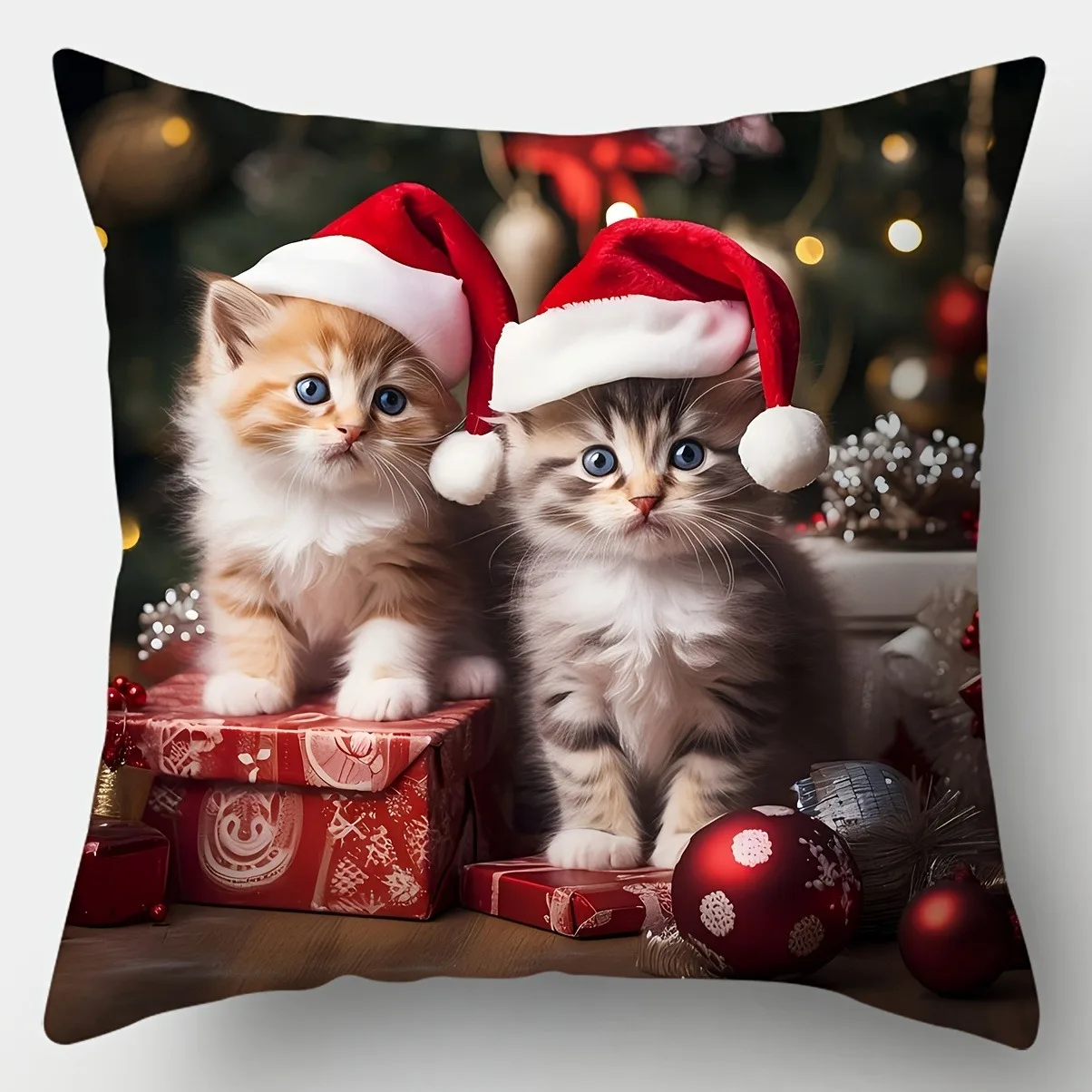 

Рождественская наволочка с шляпой Санта-Клауса и котятами, праздничная наволочка для домашнего декора с односторонним принтом, 1 шт.