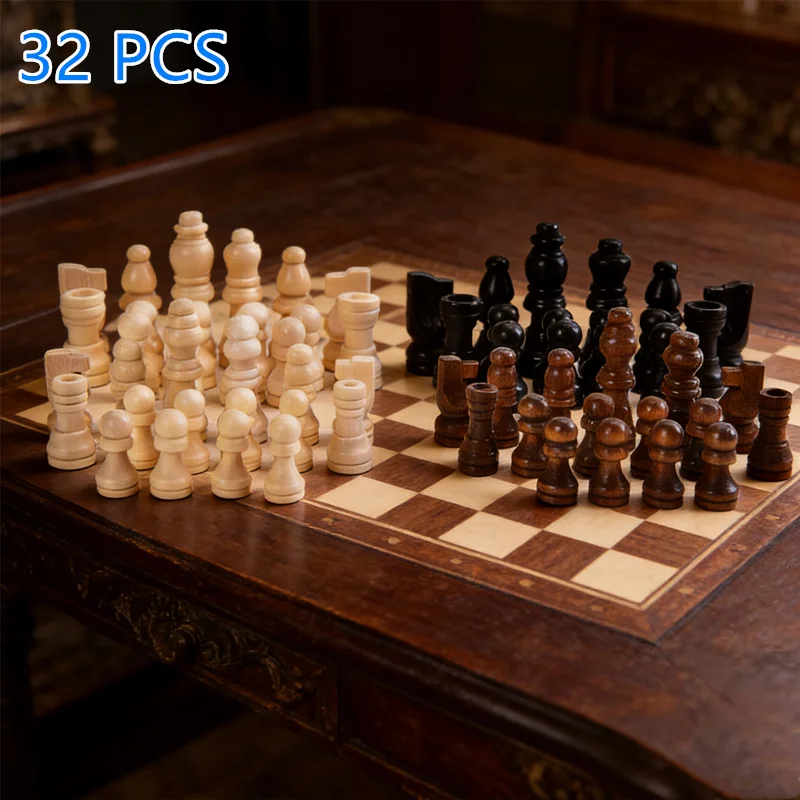 

32Pcs Durable Classic Wooden Chess Pieces Set, Complete International Staunton Chessmen, Full Set for Standard Chess Board Game