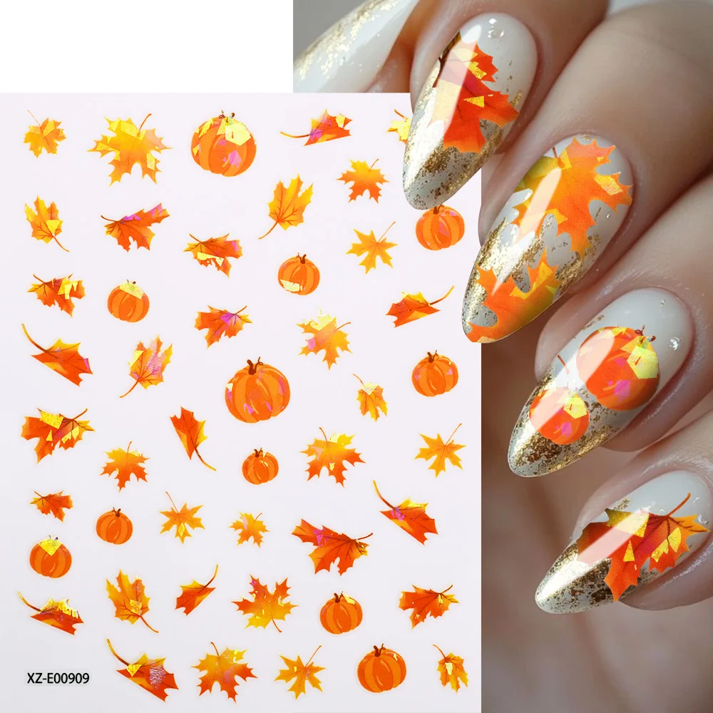 12Pcs Fall Maple Leaf Nail Decals Holographic Laser Maple Leaves Nail Art Sticker Self-Adhesive Thanksgiving Day Nail Decoration