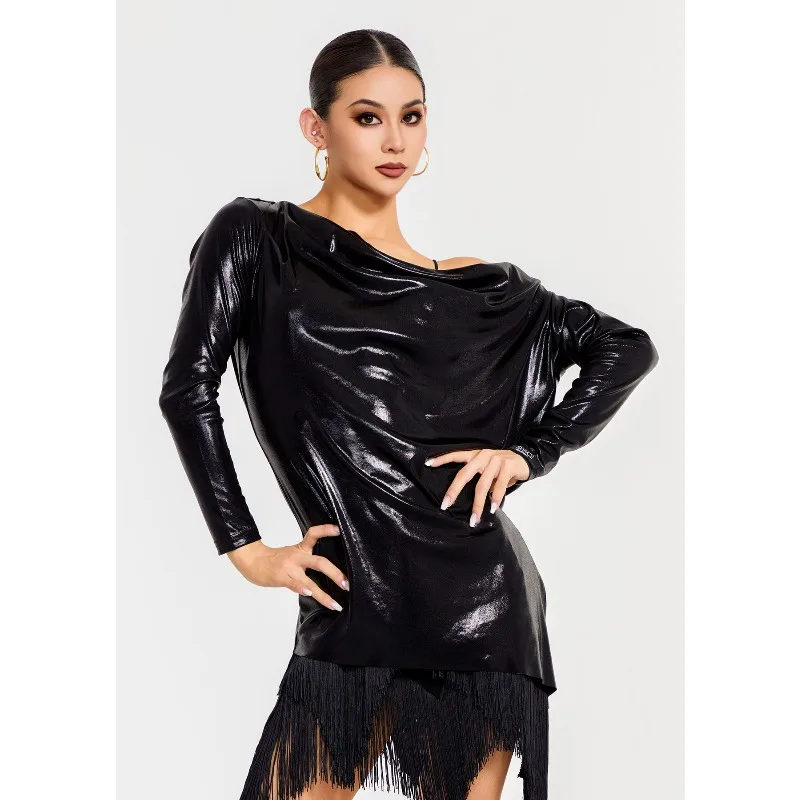 Maßgeschneidertes TDANCE Latein-Übungskleid [Schrägoberteil mit schwingendem Kragen hinten] Tanzkleid für weibliche Erwachsene gepaart mit Kapuzenpullover GL-56