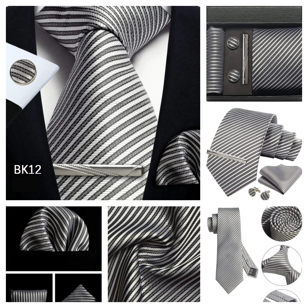 Klassische Herrenkrawatten aus 100 % Seide in Geschenkbox, 8 cm, kariert, gepunktet, gestreift, Business-Krawatte, Einstecktuch, Manschettenknöpfe, Hochzeitskrawatten-Set – Detail 22