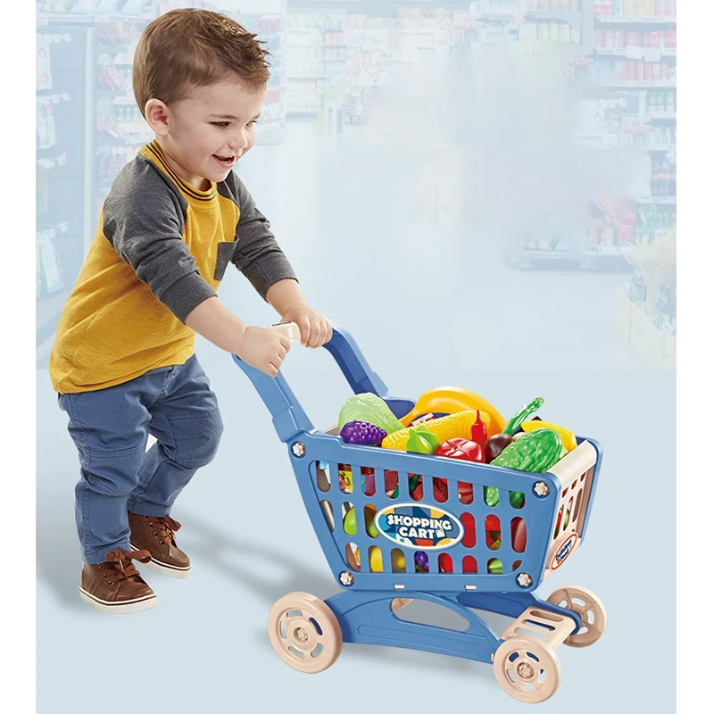 Juego de carrito de compras de juguete de juego de rol, carrito de comestibles con comida de imitación, accesorios de cocina para niños (azul)