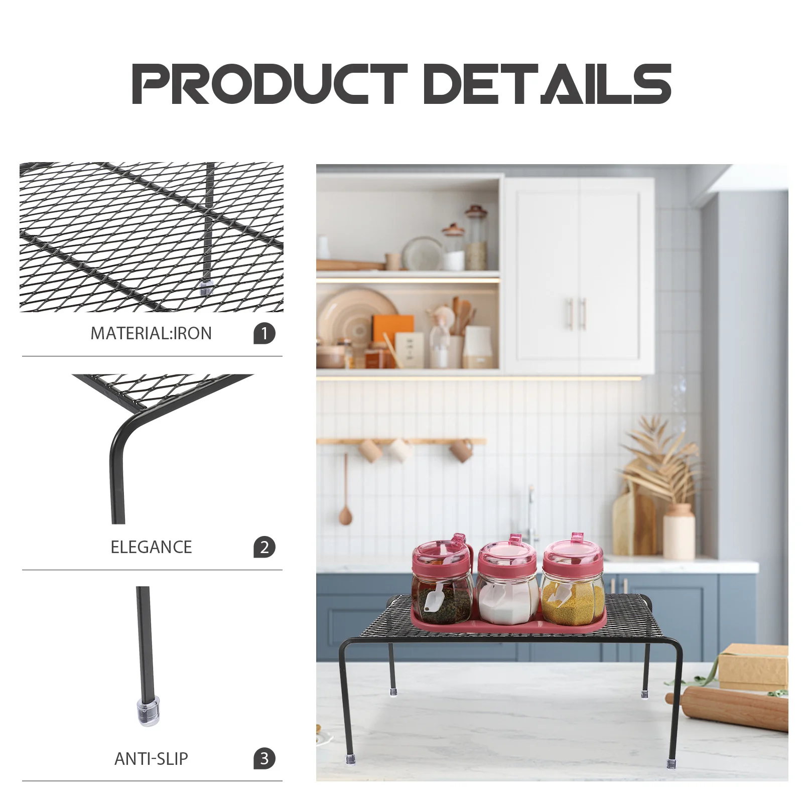 

1pc Kitchen Seasoning Organizer Black Iron Storage Rack Large Ventilated Grid Spice Shelf For Small Space Cabinet