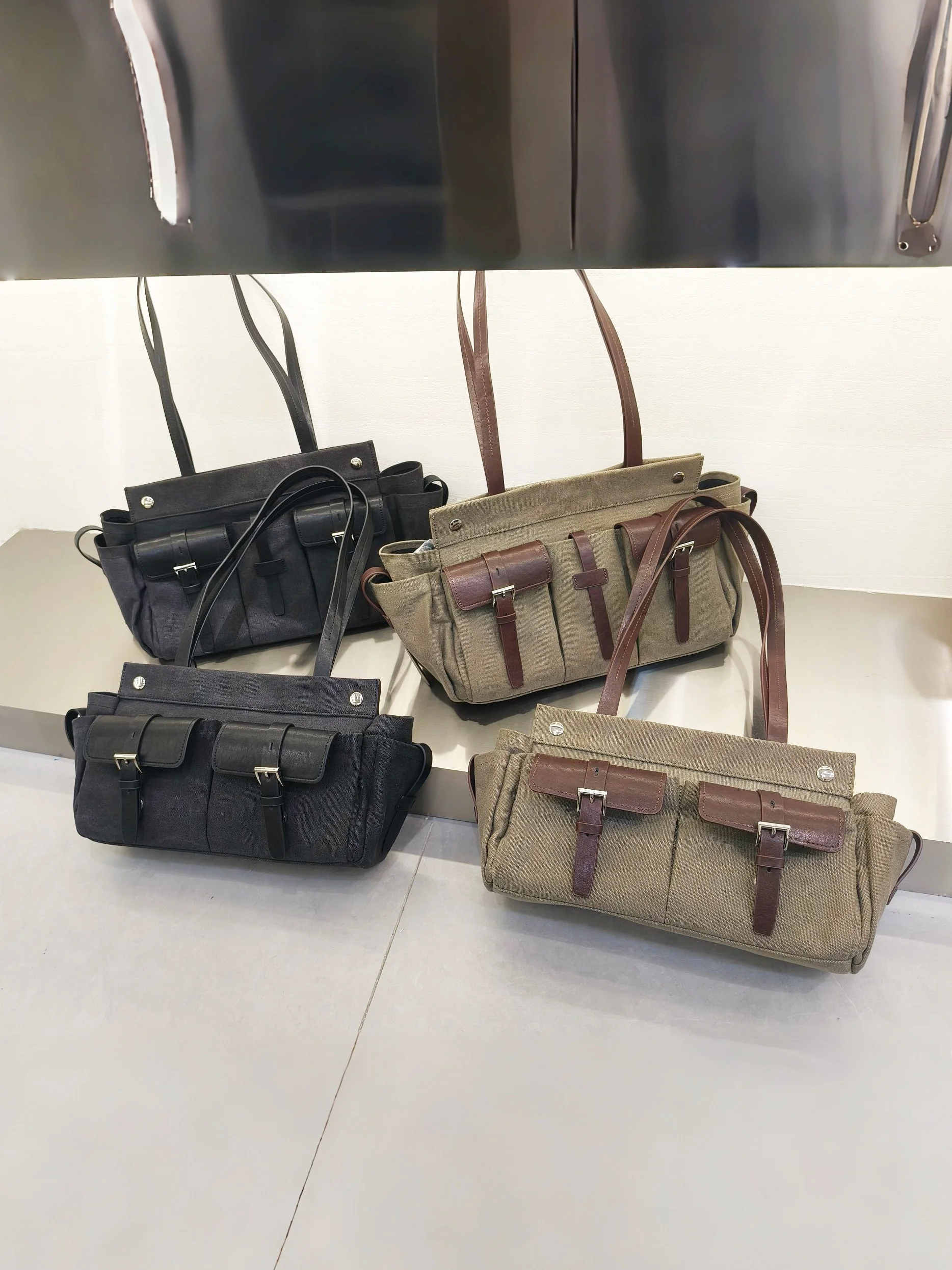 Vintage Canvas Tote Bag Multi-Pocket Design Leather Single Shoulder Bag for Women Retro Handbag Square Shape Medium Size