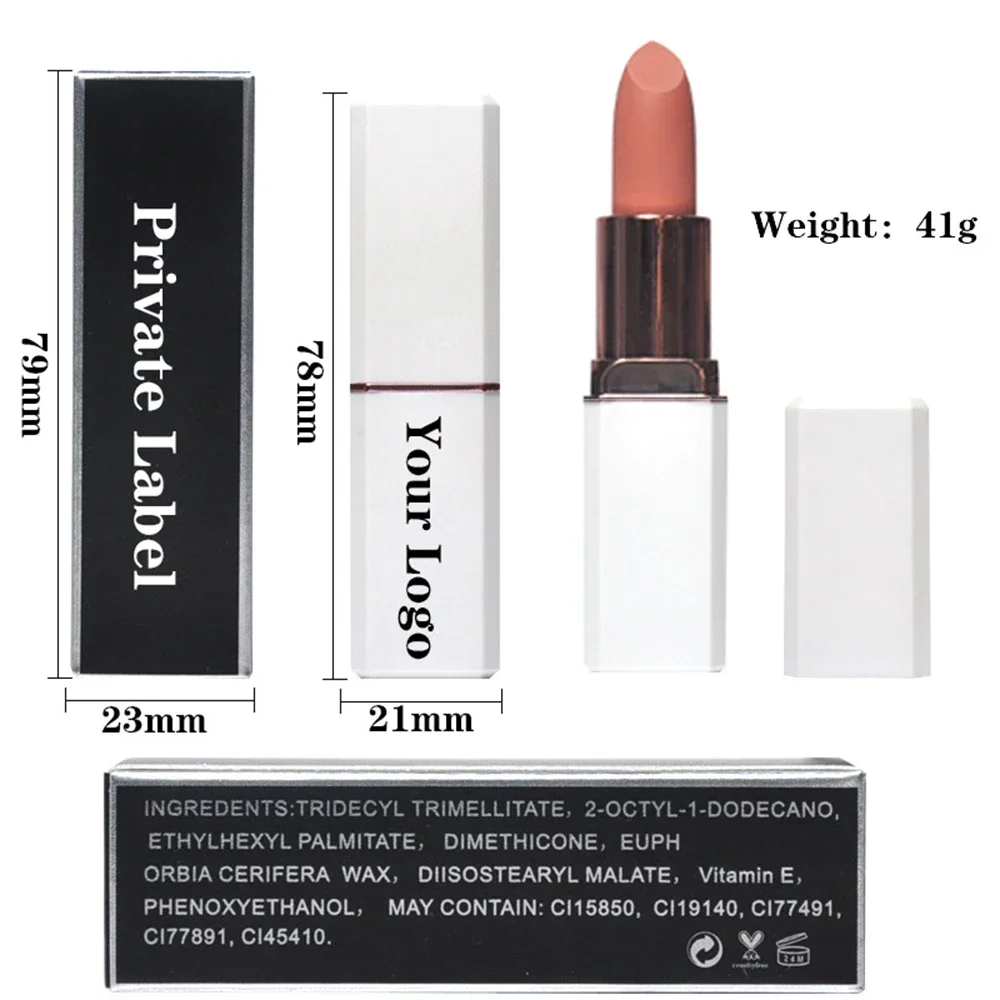 Private Label 18-kleuren witte tube lippenstift Aangepast logo Pigment Langdurig Waterdicht Mat Non-stick Niet-vervagende make-up Veganistisch