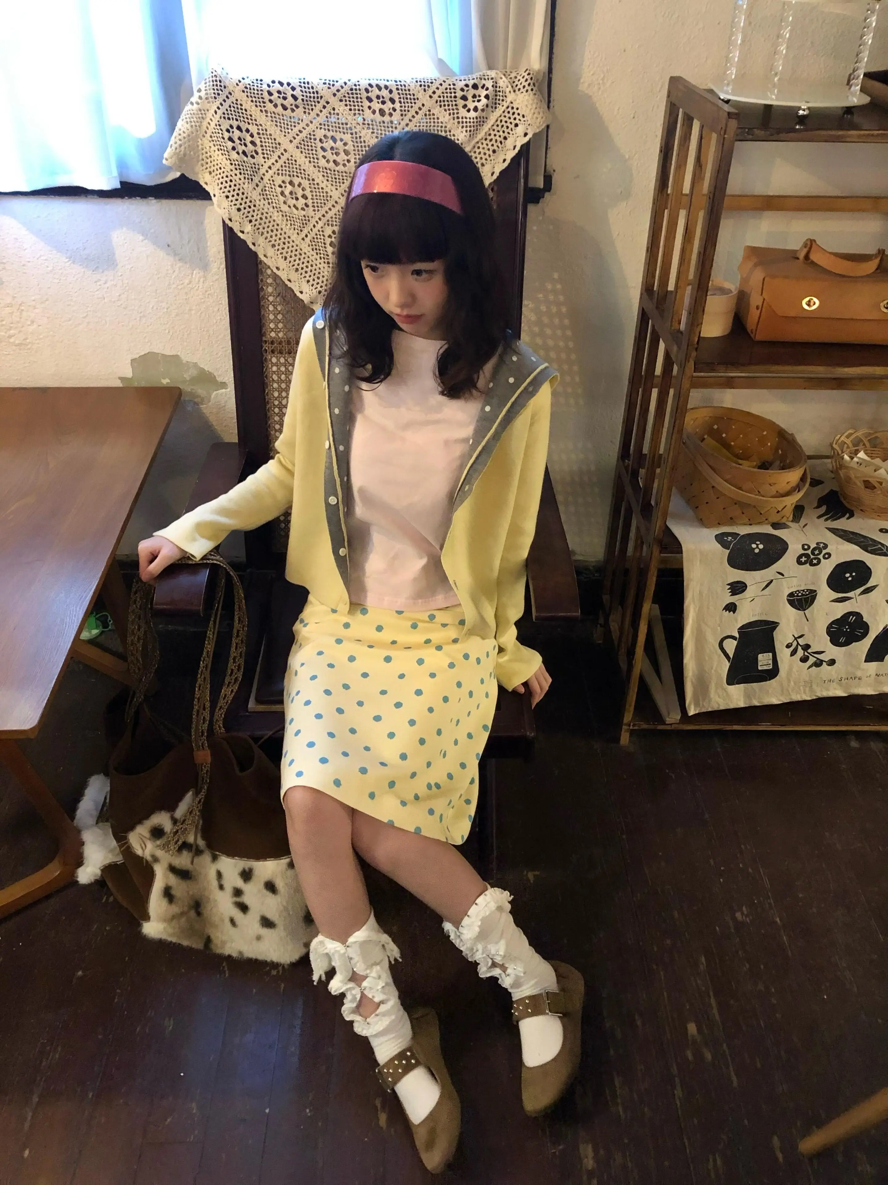 Retro Cheese Yellow Polka Dot Print Half Skirt Women's Spring Autumn New Stand Trim Split Micro Flared Straight mid Length Skirt