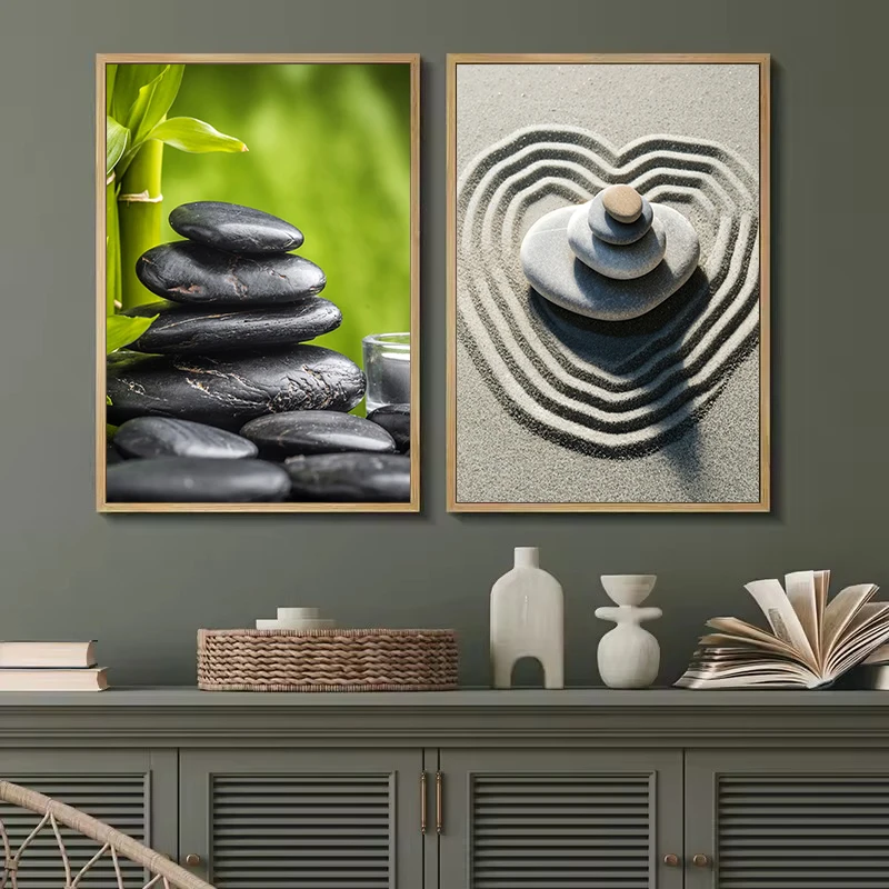 Traditional Enso Zen Stones Sand Pine Tree Nature Landscape Poster Canvas Painting Wall Art Pictures Home Interior Decor