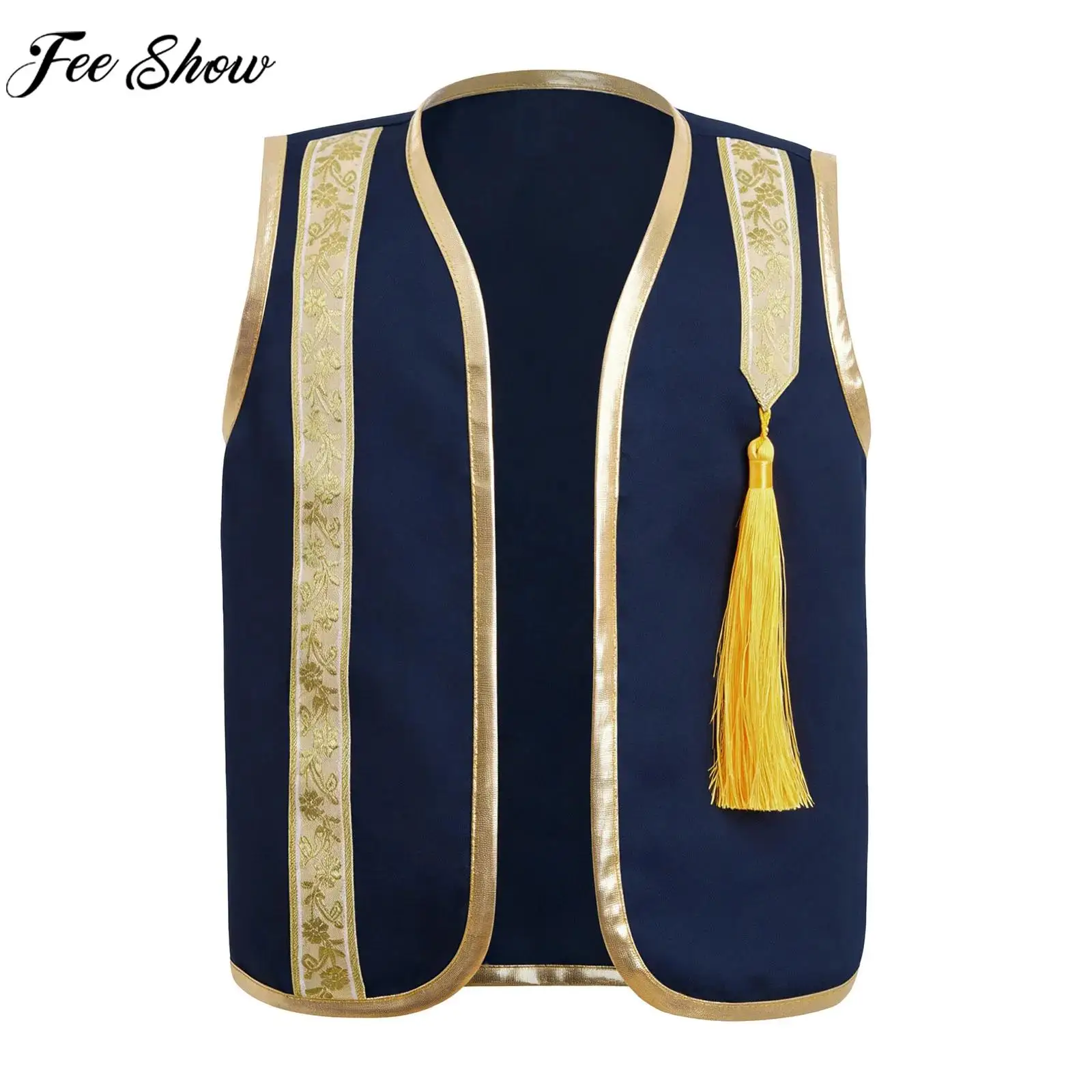 Baby Boys Vintage Metallic Shiny Trim Tassel Arabic Dubai Muslim Vest Tops Islam Ramadan Eid Party Photography Cardigan Tank