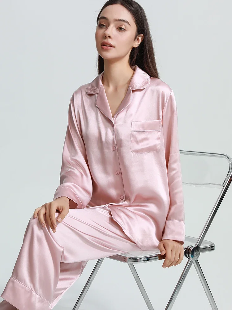 

100% тутовый шелк, женская повседневная одежда для сна, комплект PJS, кардиган на пуговицах с лацканами, пижамы, брюки с длинными рукавами, повседневный комплект, домашняя одежда, пижама