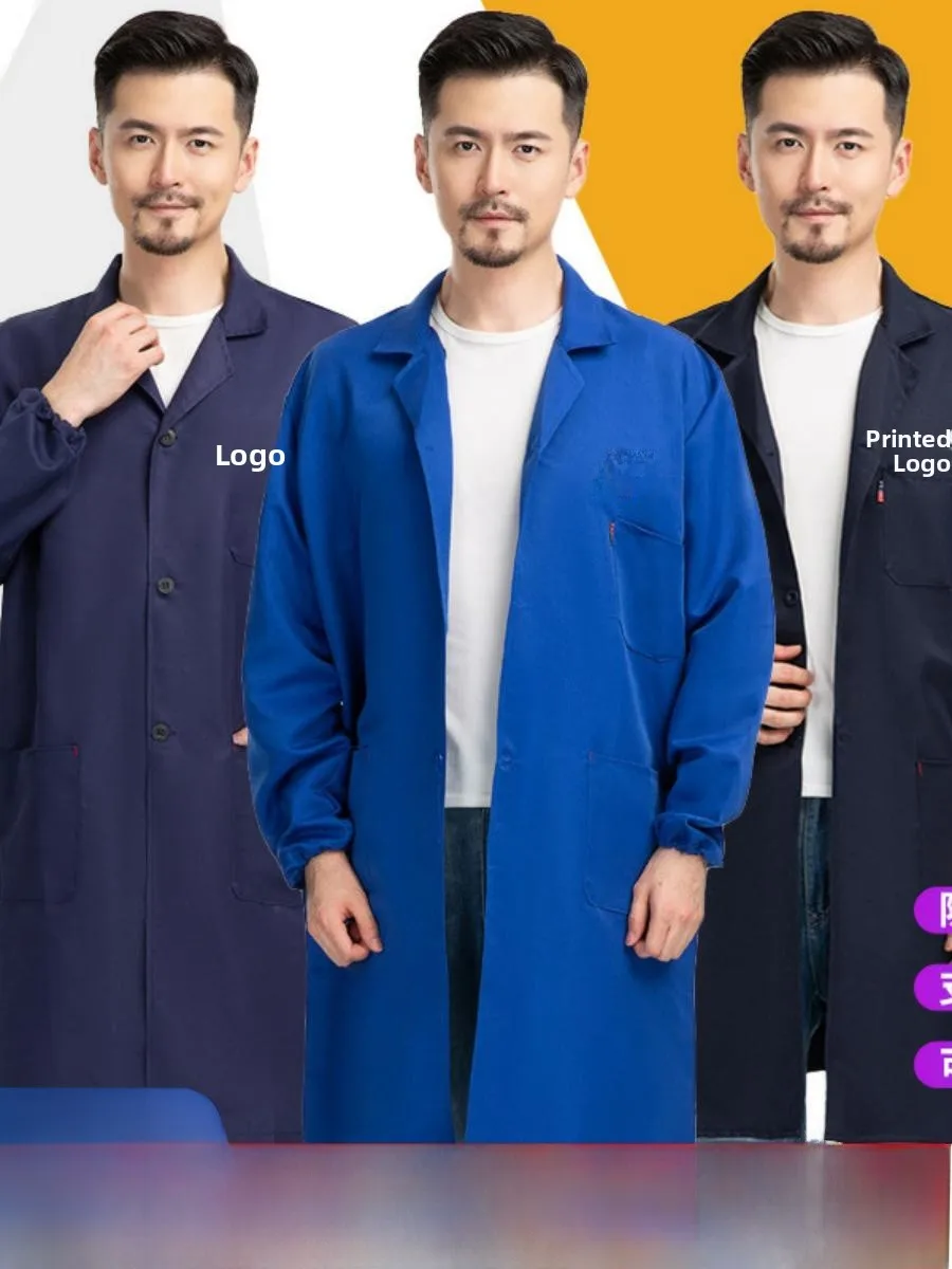 

Thiened Long Sve Work orm Lab Coat Pure Color Dustproof Waed Resistant Blue Protective Coat Printed LOGO for Men