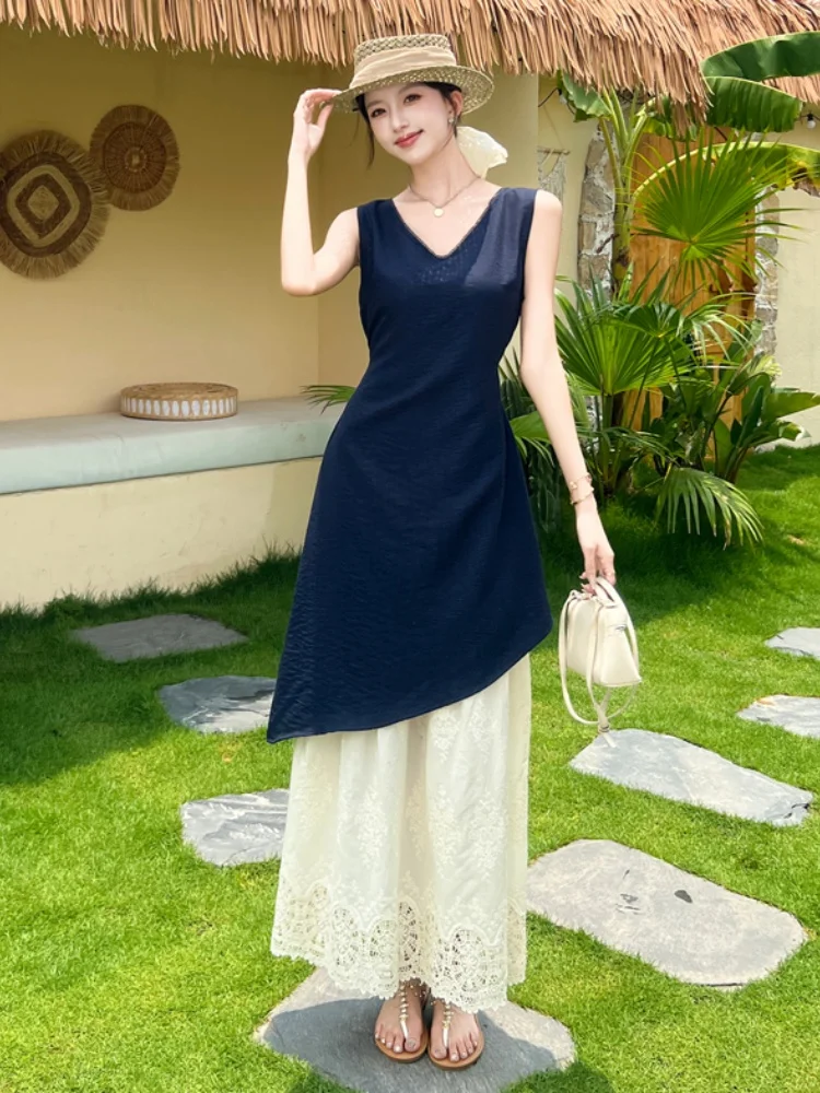 

SMTHMA Korean Chic Sexy V-Neck Sleeveless Irregular Dress Women's Lace Spliced Slim Waist Fake Two-Piece Long Dresses