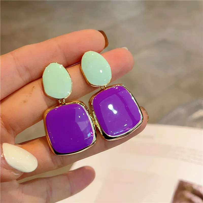 Sweet Colorful Square Round Geometric Earrings Vintage Personality Women Contrast Stud Earrings Female Wedding Party Jewelry