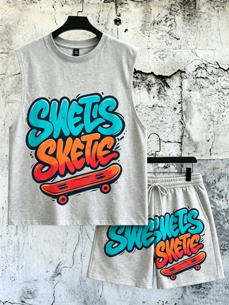 

Men's Graffiti Skate Print Sleeveless Tank Top & Shorts 2-Piece Set, Loose Comfort Streetwear Outfit